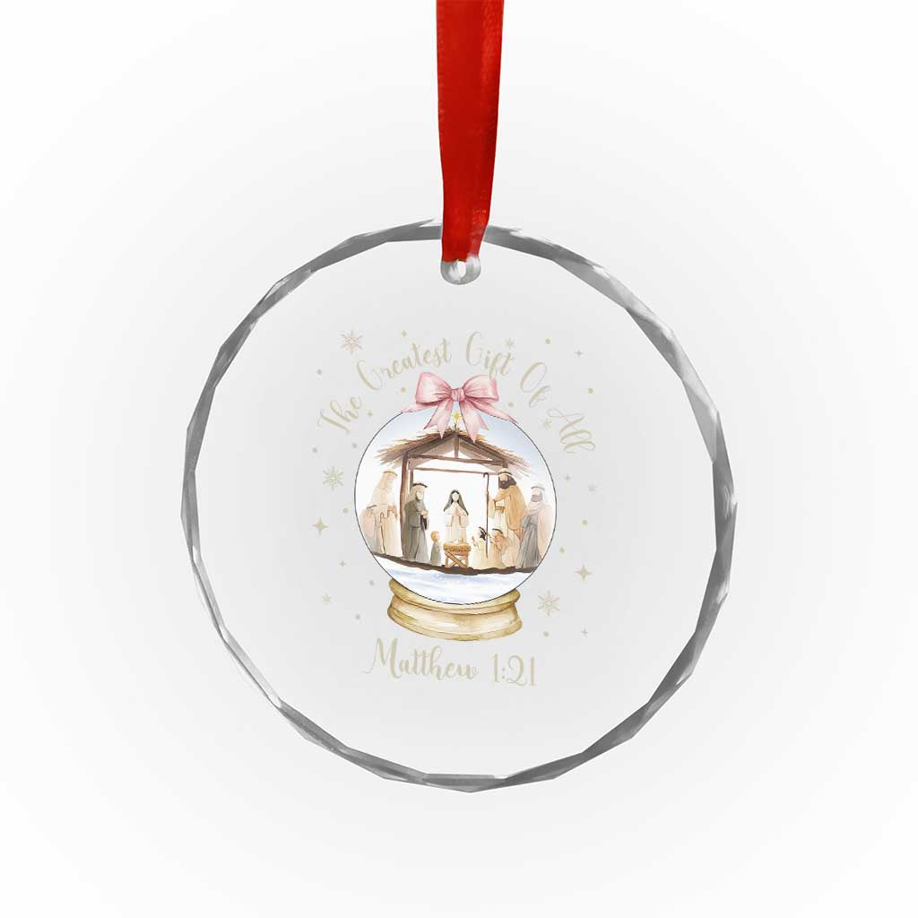 Nativity Scene Christmas Crystal Glass Ornament The Greatest Gift of All Christian Coquette Bow Matthew 1:21 - undefined