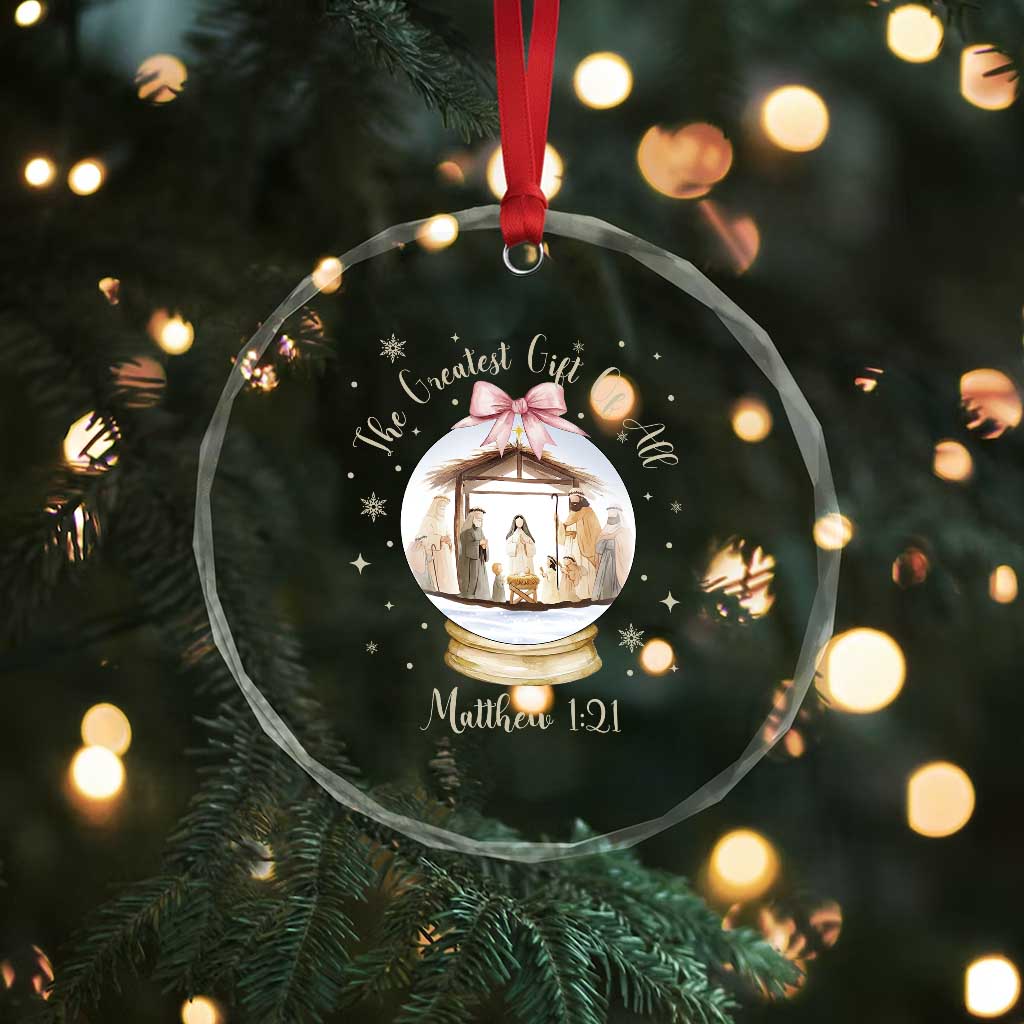 Nativity Scene Christmas Crystal Glass Ornament The Greatest Gift of All Christian Coquette Bow Matthew 1:21 - undefined