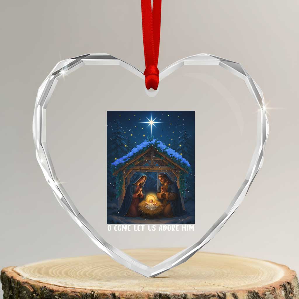 Nativity Scene Christmas Heart Crystal Glass Ornament O Come Let Us Adrove Him - Wonder Print Shop