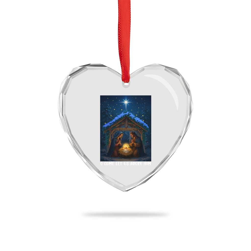Nativity Scene Christmas Heart Crystal Glass Ornament O Come Let Us Adrove Him - Wonder Print Shop