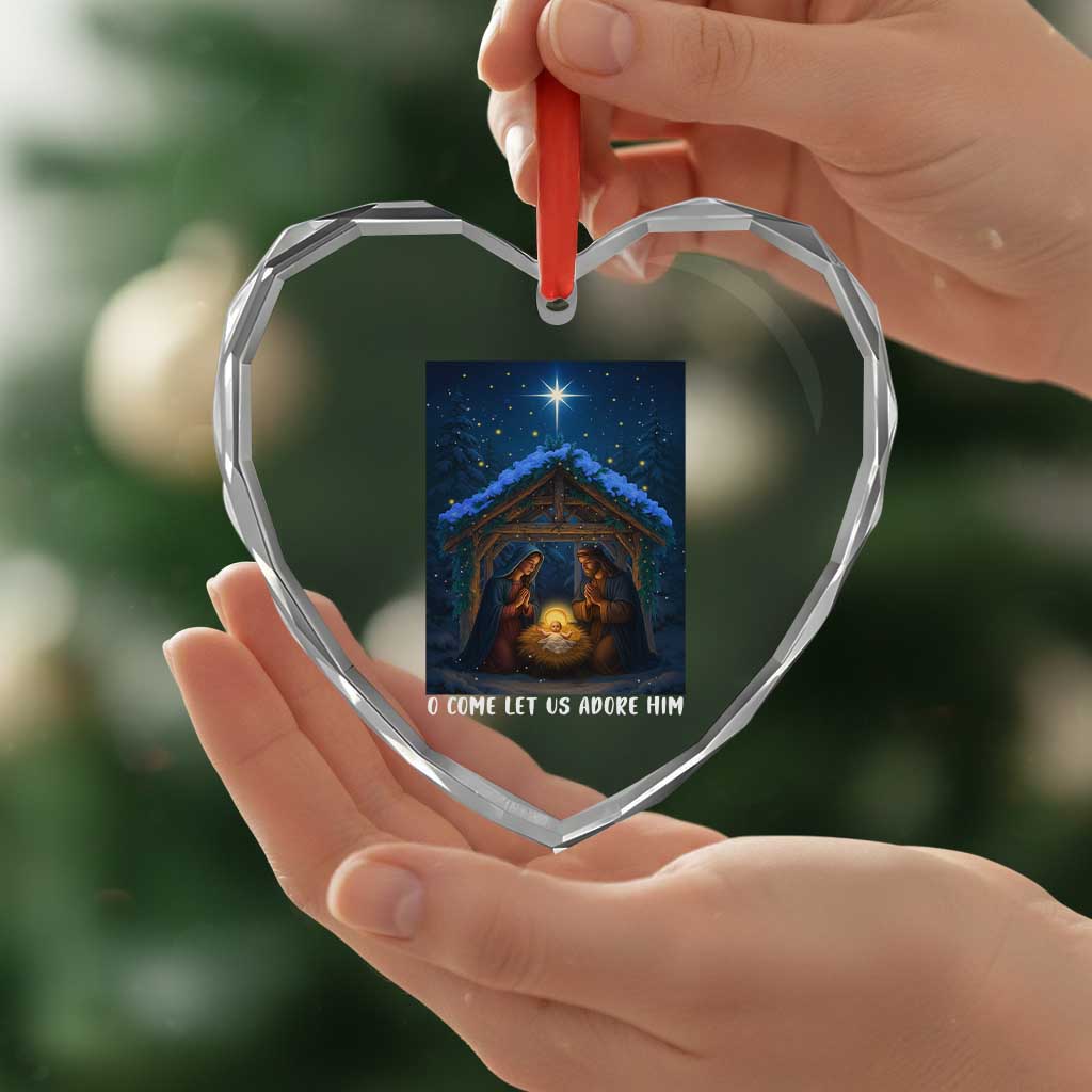 Nativity Scene Christmas Heart Crystal Glass Ornament O Come Let Us Adrove Him - Wonder Print Shop