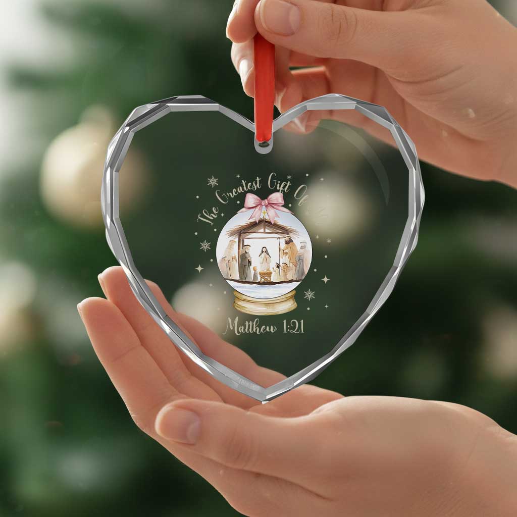 Nativity Scene Christmas Heart Crystal Glass Ornament The Greatest Gift of All Christian Coquette Bow Matthew 1:21 - Wonder Print Shop