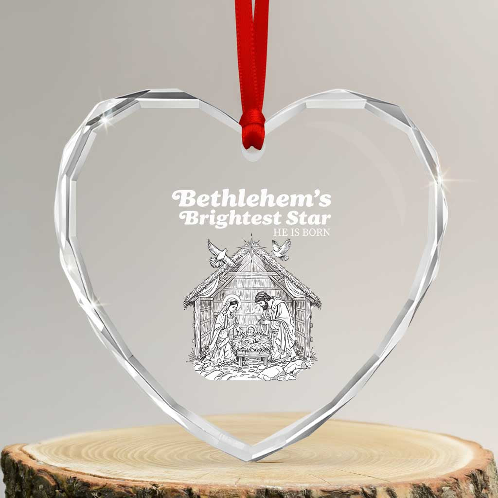 Nativity Scene Heart Crystal Glass Ornament Brightest Star of Bethlehem He Is Born Christian Christmas - Wonder Print Shop