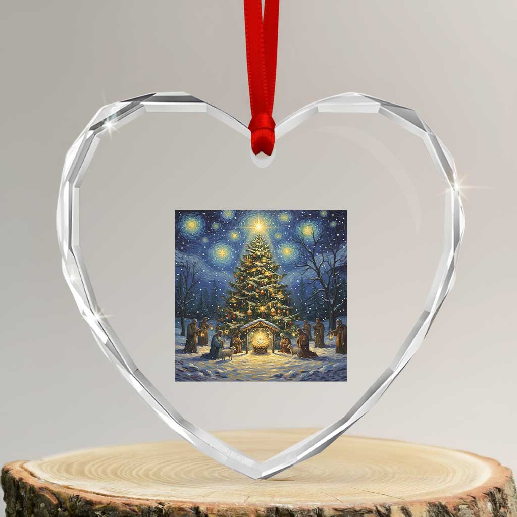 Nativity Scene Heart Crystal Glass Ornament Christmas Starry Night Christian Jesus Baby Jesus Holiday - Wonder Print Shop