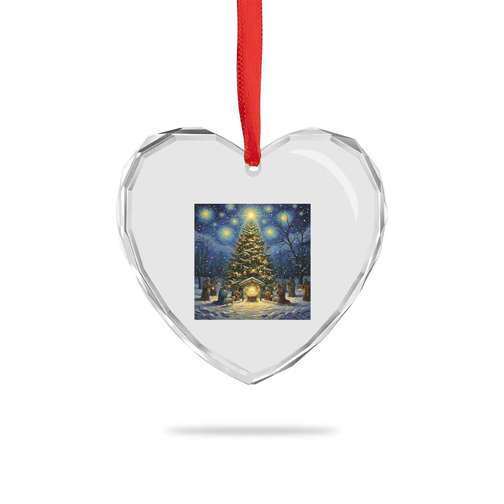 Nativity Scene Heart Crystal Glass Ornament Christmas Starry Night Christian Jesus Baby Jesus Holiday - Wonder Print Shop