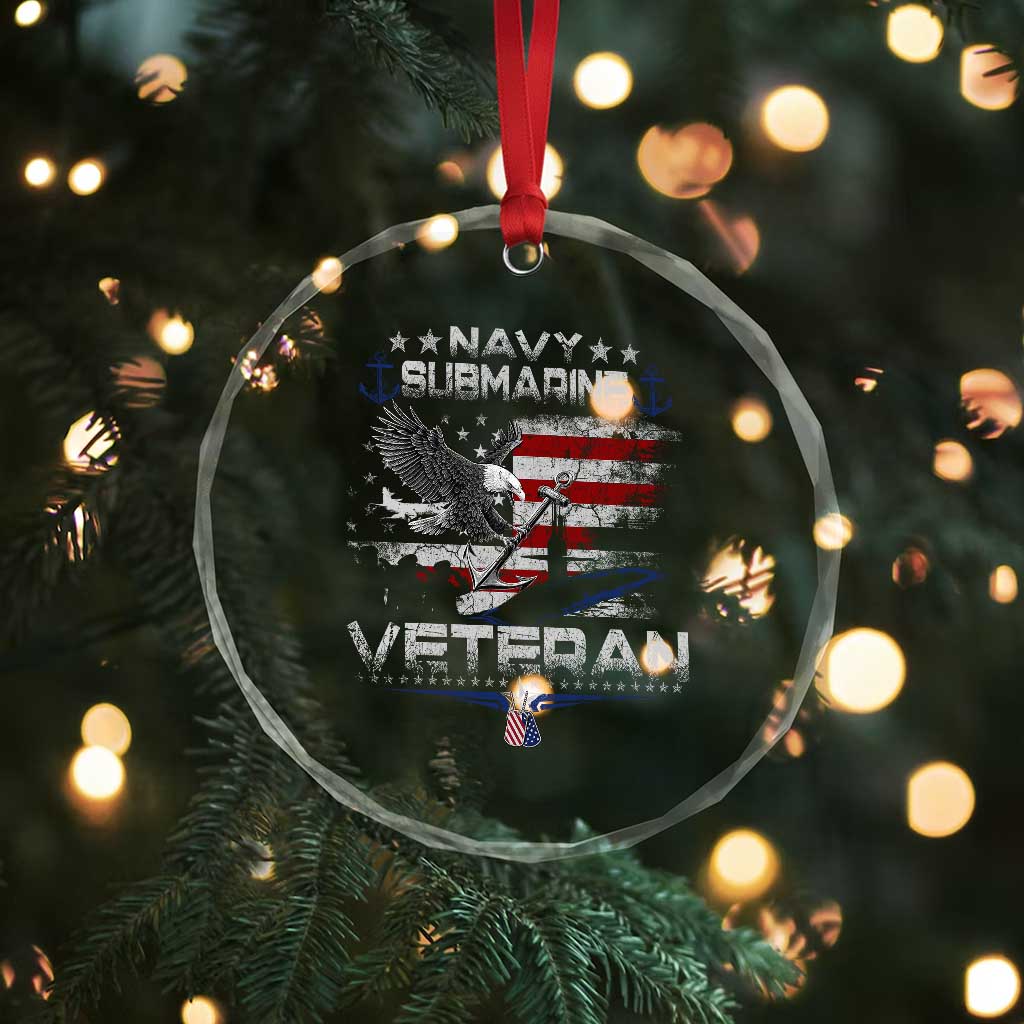 Navy Submarine Veteran Crystal Glass Ornament Military Patriotic Vintage American Flag