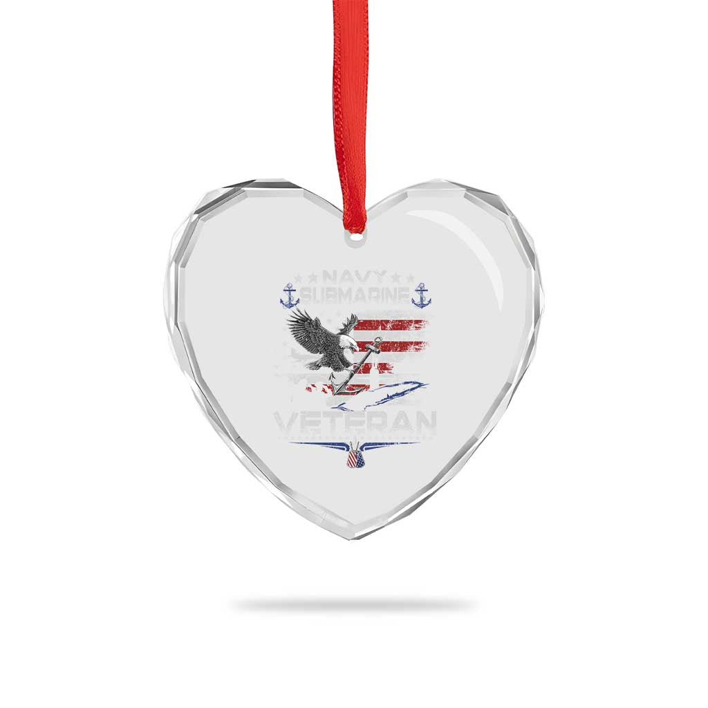 Navy Submarine Veteran Heart Crystal Glass Ornament Military Patriotic Vintage American Flag