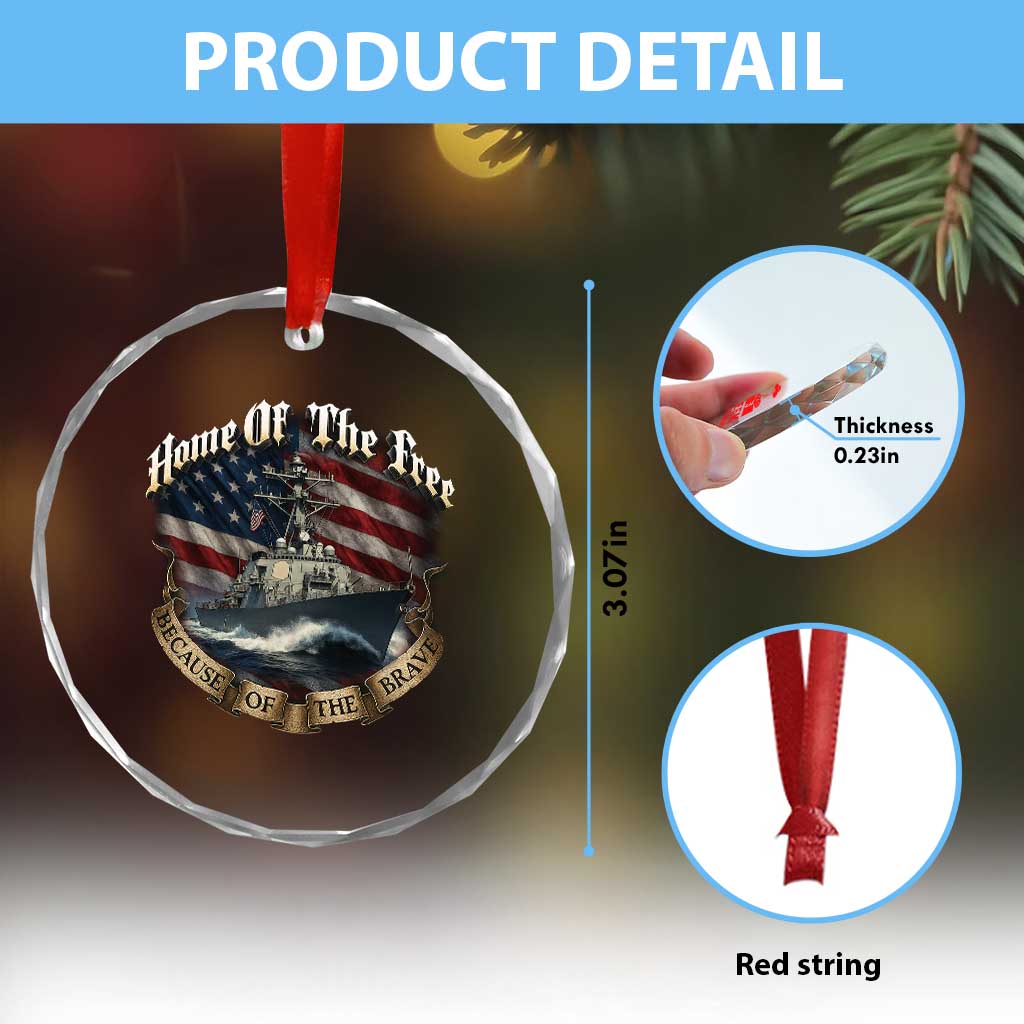 Navy Veteran Crystal Glass Ornament Home Of The Free Because Of The Brave American Flag - Wonder Print Shop