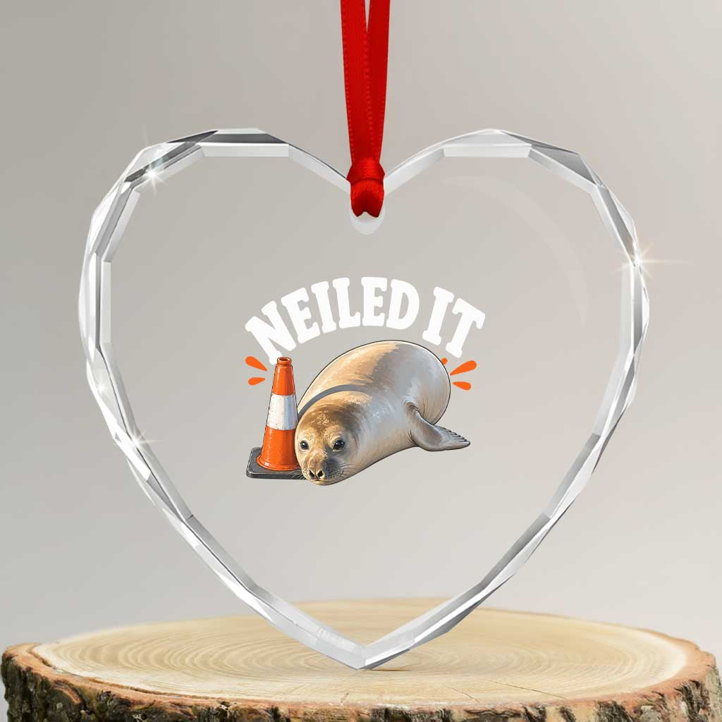Neil The Seal Nailed It Heart Crystal Glass Ornament Funny Tasmania Elephant Seal Traffic Cone Meme Art