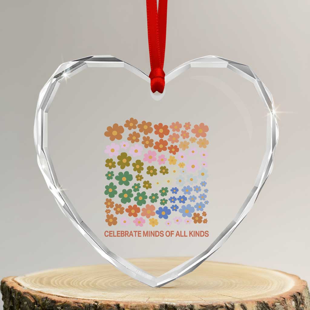 Neurodiversity Boho Floral Heart Crystal Glass Ornament Celebrate Minds of All Kinds Autism ADHD ASD - Wonder Print Shop