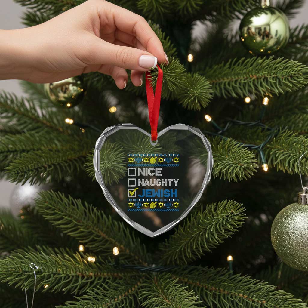 Nice Naughty Jewish Ugly Hanukkah Heart Crystal Glass Ornament Chanukah Jew Gift - Wonder Print Shop