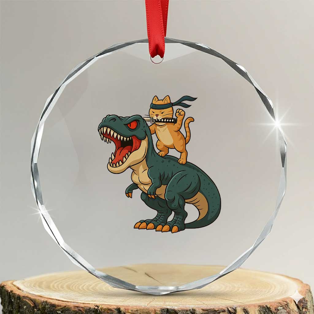 Ninja Cat Riding Dinosaur Crystal Glass Ornament - Wonder Print Shop