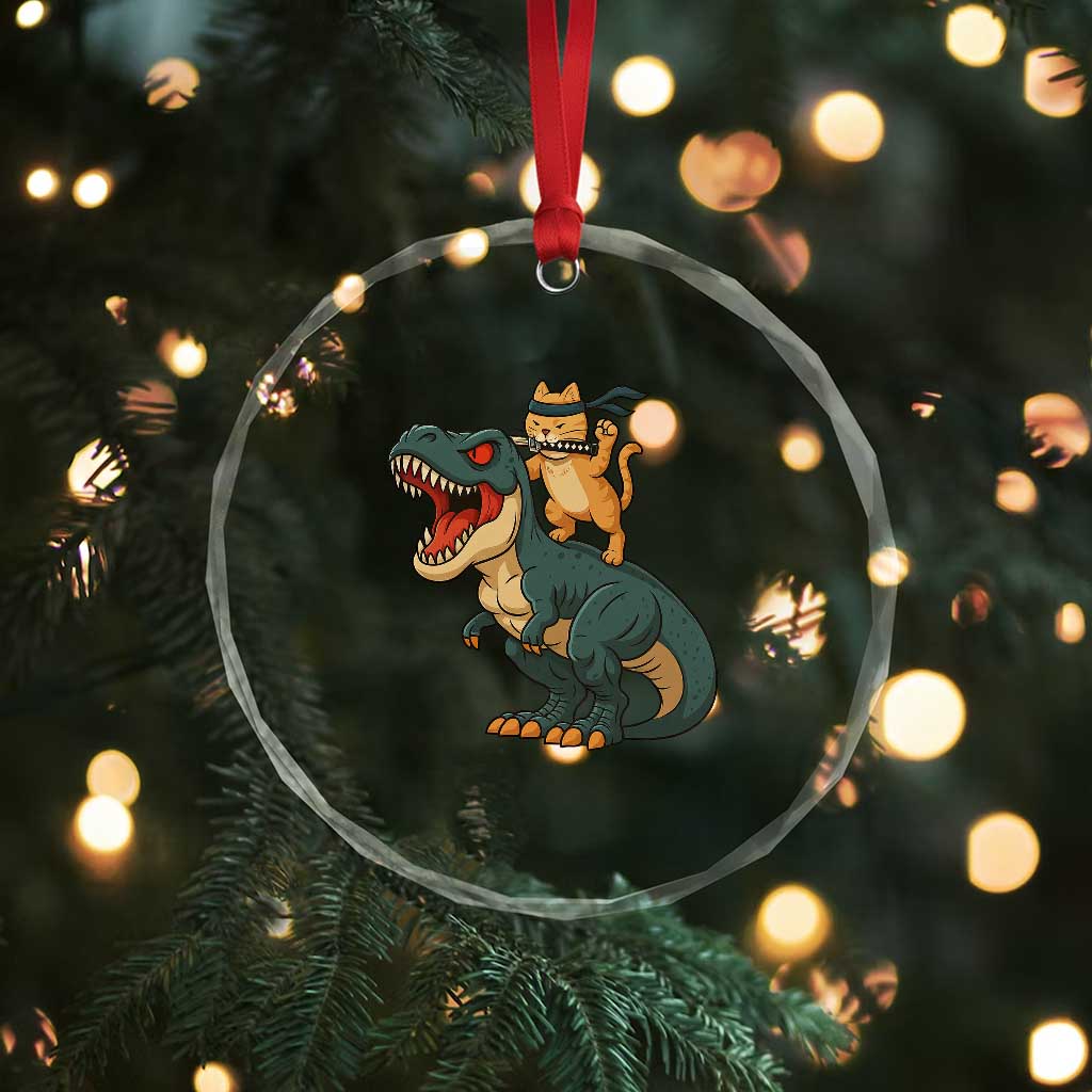Ninja Cat Riding Dinosaur Crystal Glass Ornament - Wonder Print Shop