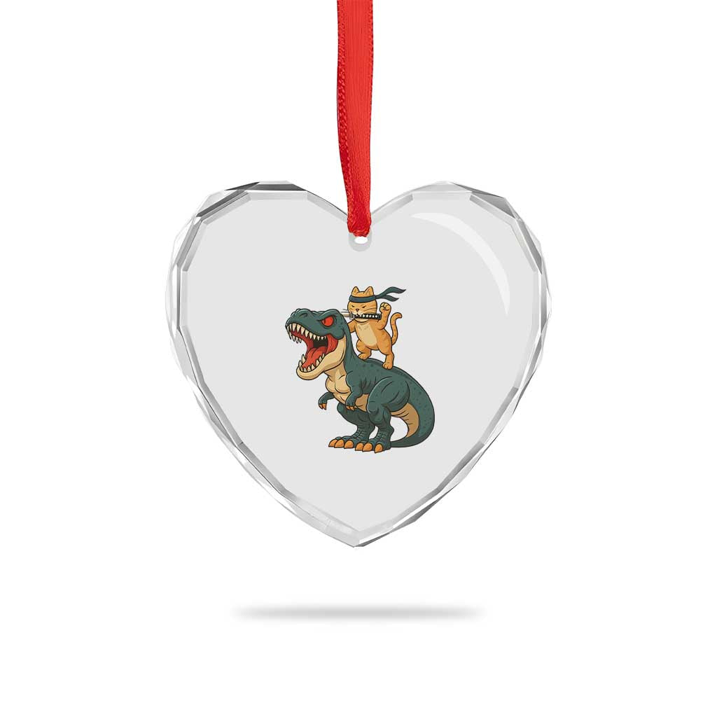 Ninja Cat Riding Dinosaur Heart Crystal Glass Ornament - Wonder Print Shop