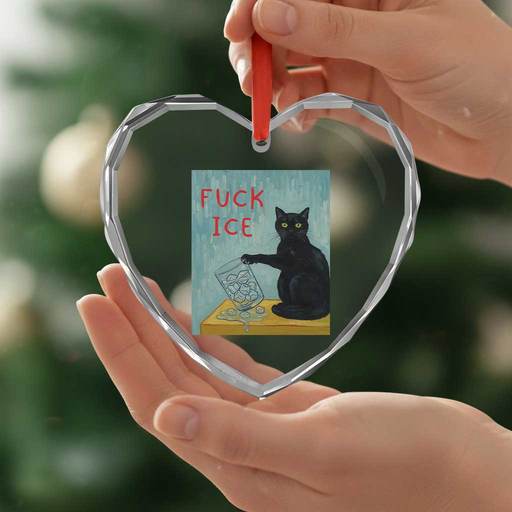 No Ice Please Heart Crystal Glass Ornament Funny Cat Anti ICE Artist Meme