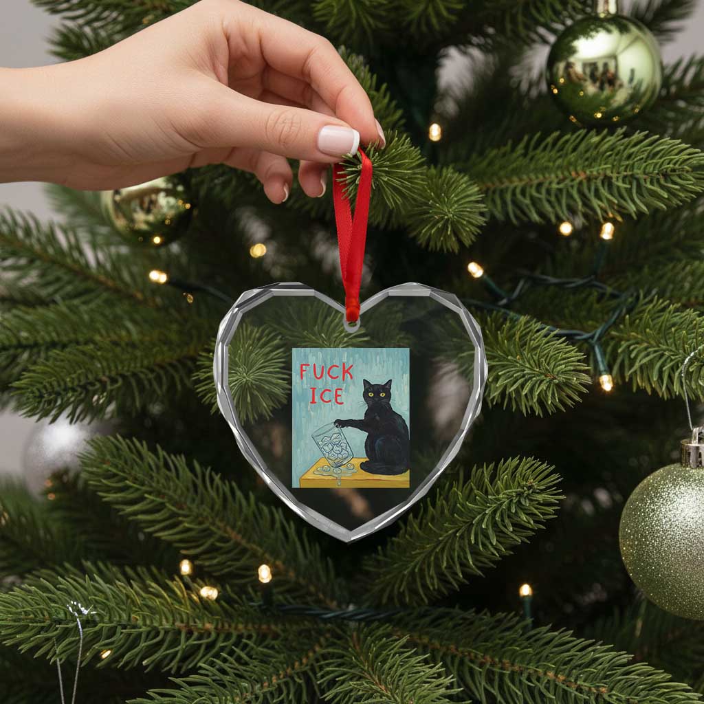 No Ice Please Heart Crystal Glass Ornament Funny Cat Anti ICE Artist Meme