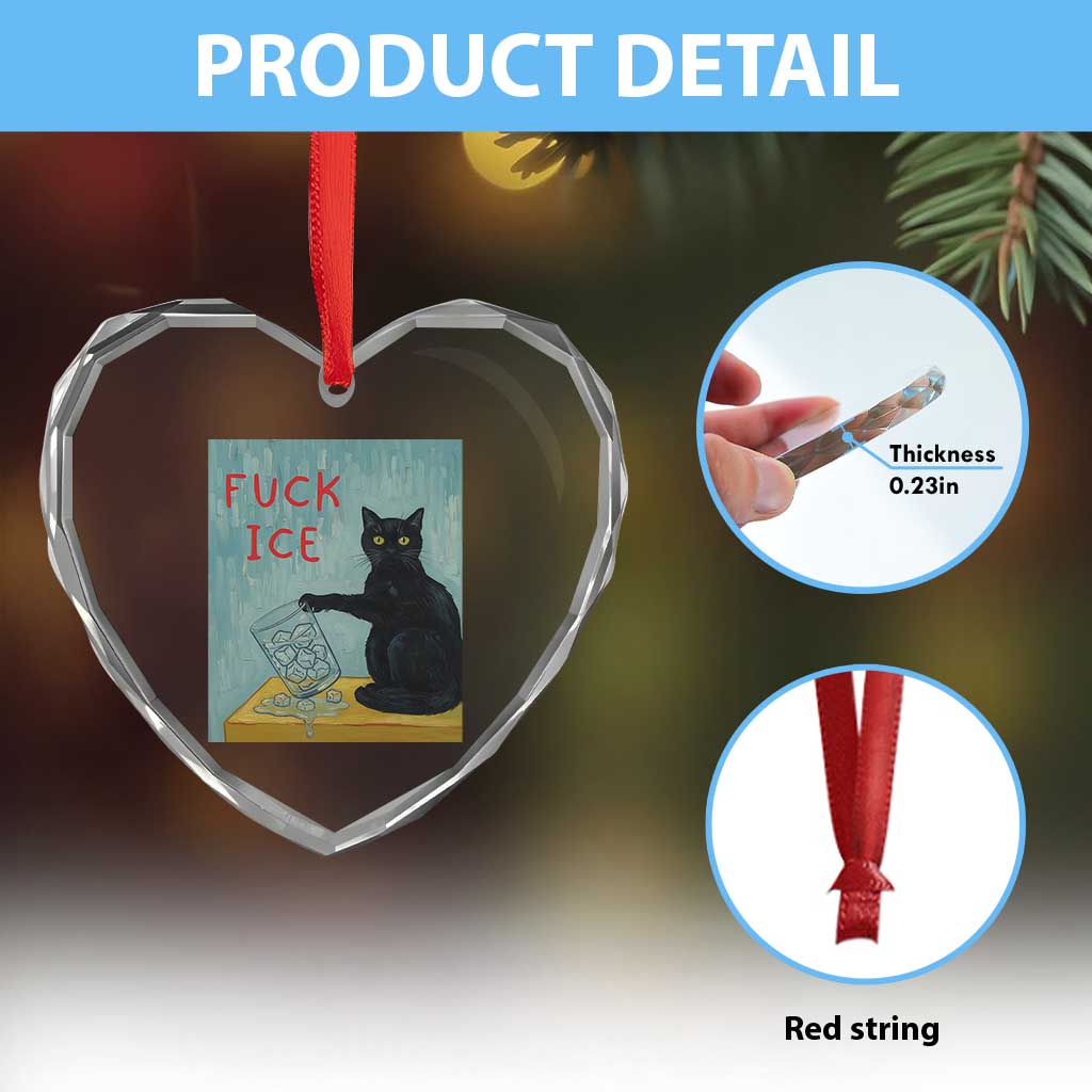 No Ice Please Heart Crystal Glass Ornament Funny Cat Anti ICE Artist Meme