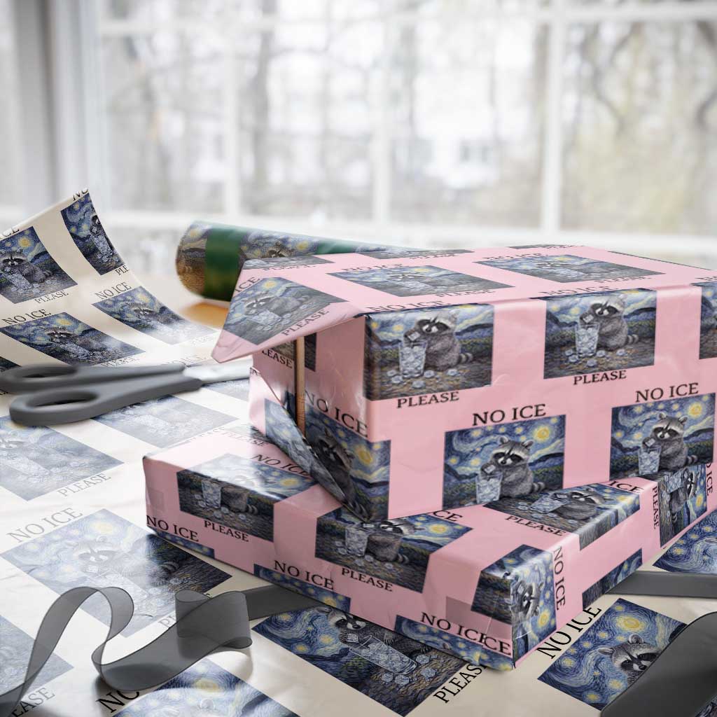 No Ice Please Wrapping Paper Roll Starry Night Raccoon Trash Panda Anti ICE Meme