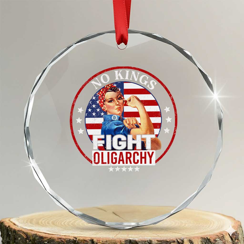No Kings Fight Oligarchy Crystal Glass Ornament Woman's Girl Vintage America Flag - Wonder Print Shop