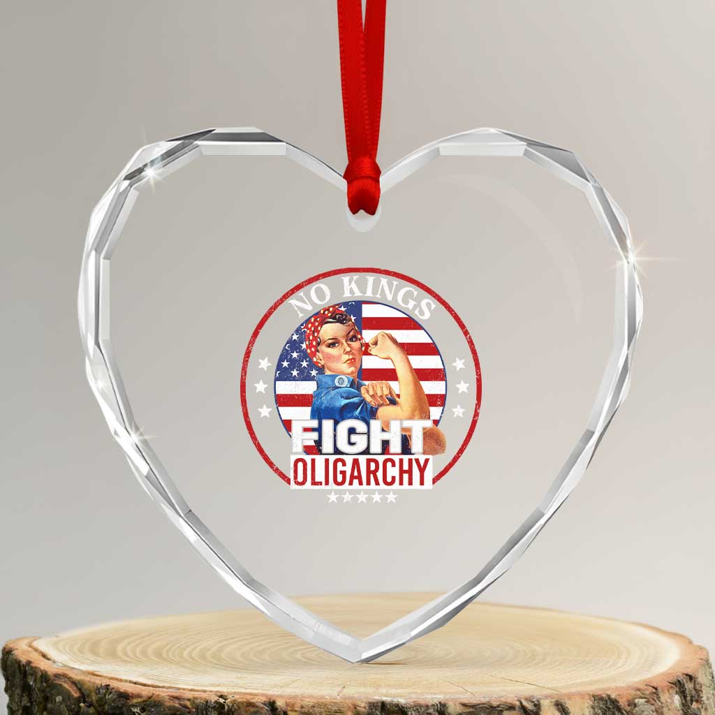 No Kings Fight Oligarchy Heart Crystal Glass Ornament Woman's Girl Vintage America Flag - Wonder Print Shop