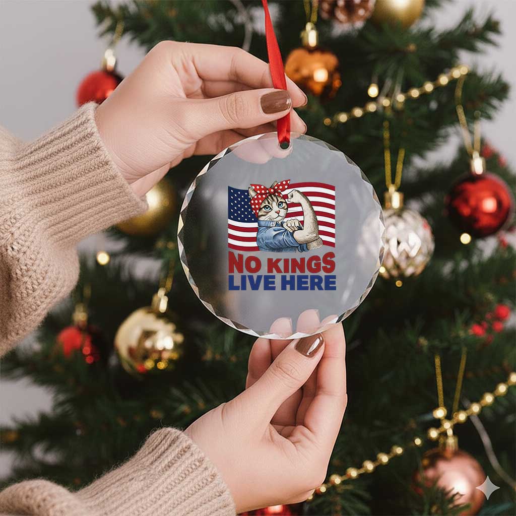 No Kings Live Here Crystal Glass Ornament Funny Rosie The Riveter Cat Feminist Gift