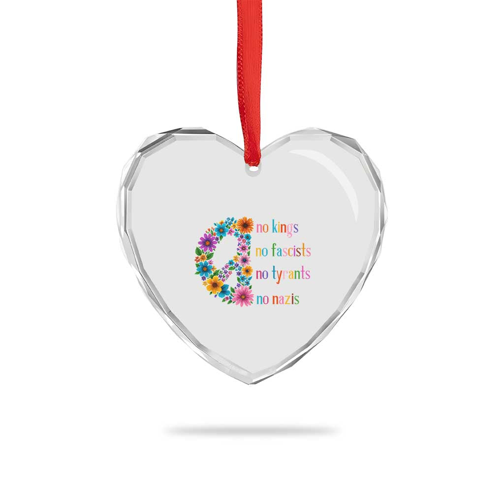 No Kings No Fascists No Tyrants No Nazis Heart Crystal Glass Ornament Resist Retro Boho Floral Peace Sign - Wonder Print Shop