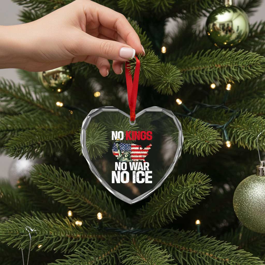 No Kings No Wars No Ice Statue of Liberty Heart Crystal Glass Ornament American Flag Patriotic Protest Freedom Democracy