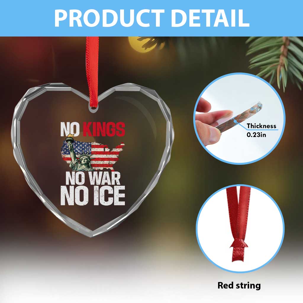 No Kings No Wars No Ice Statue of Liberty Heart Crystal Glass Ornament American Flag Patriotic Protest Freedom Democracy