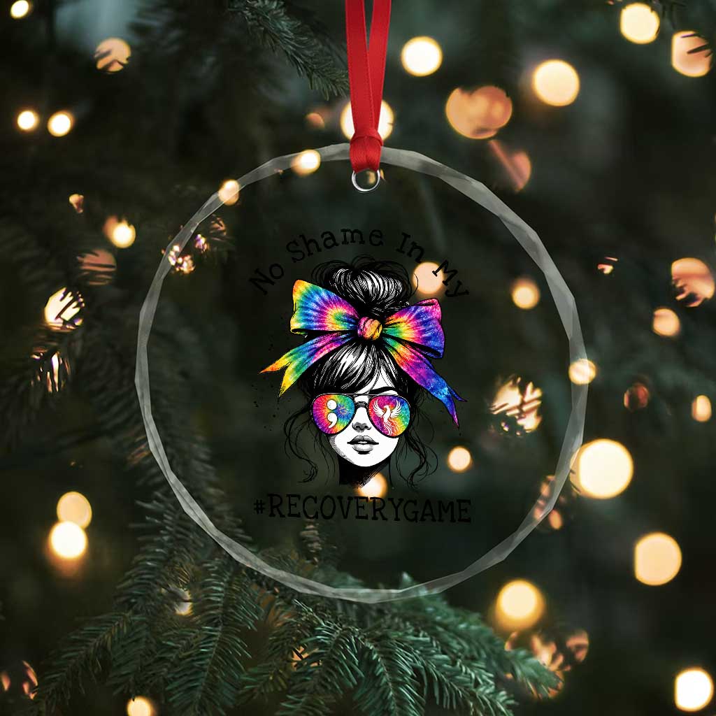 No Shame In My Recovery Game Crystal Glass Ornament Messy Bun Semicolon Graphic
