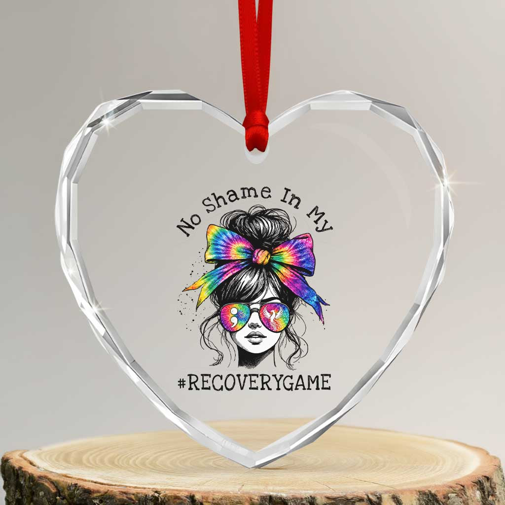 No Shame In My Recovery Game Heart Crystal Glass Ornament Messy Bun Semicolon Graphic