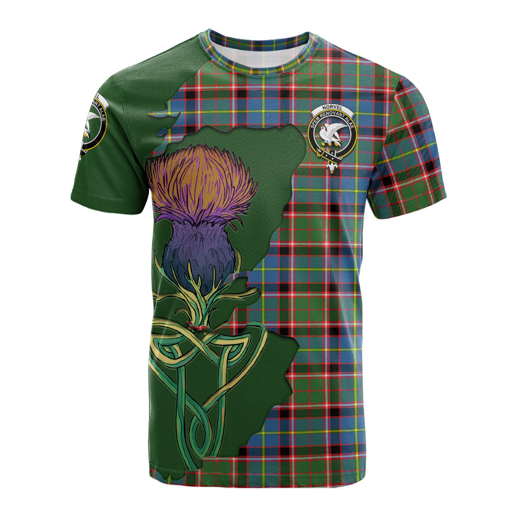 norvel-tartan-family-crest-t-shirt-tartan-plaid-with-thistle-and-scotland-map-t-shirt