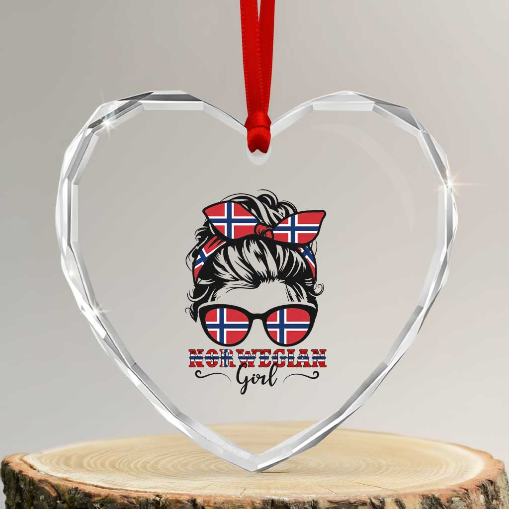 Norway Messy Bun Girl Norwegian Flag Heart Crystal Glass Ornament