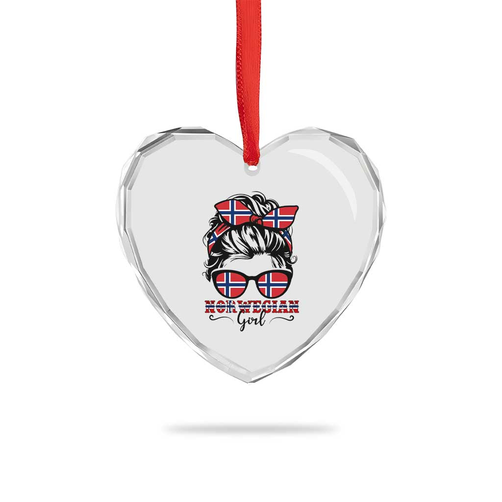 Norway Messy Bun Girl Norwegian Flag Heart Crystal Glass Ornament