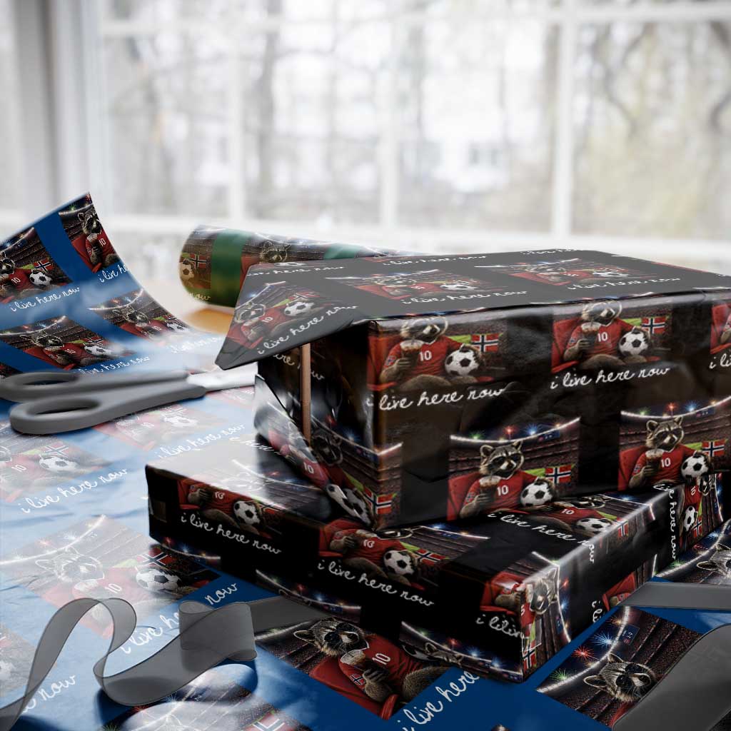 Norway Soccer Football Fan Norge Norwegian Flag Wrapping Paper Roll Funny Raccoon Drinking Iced Coffee
