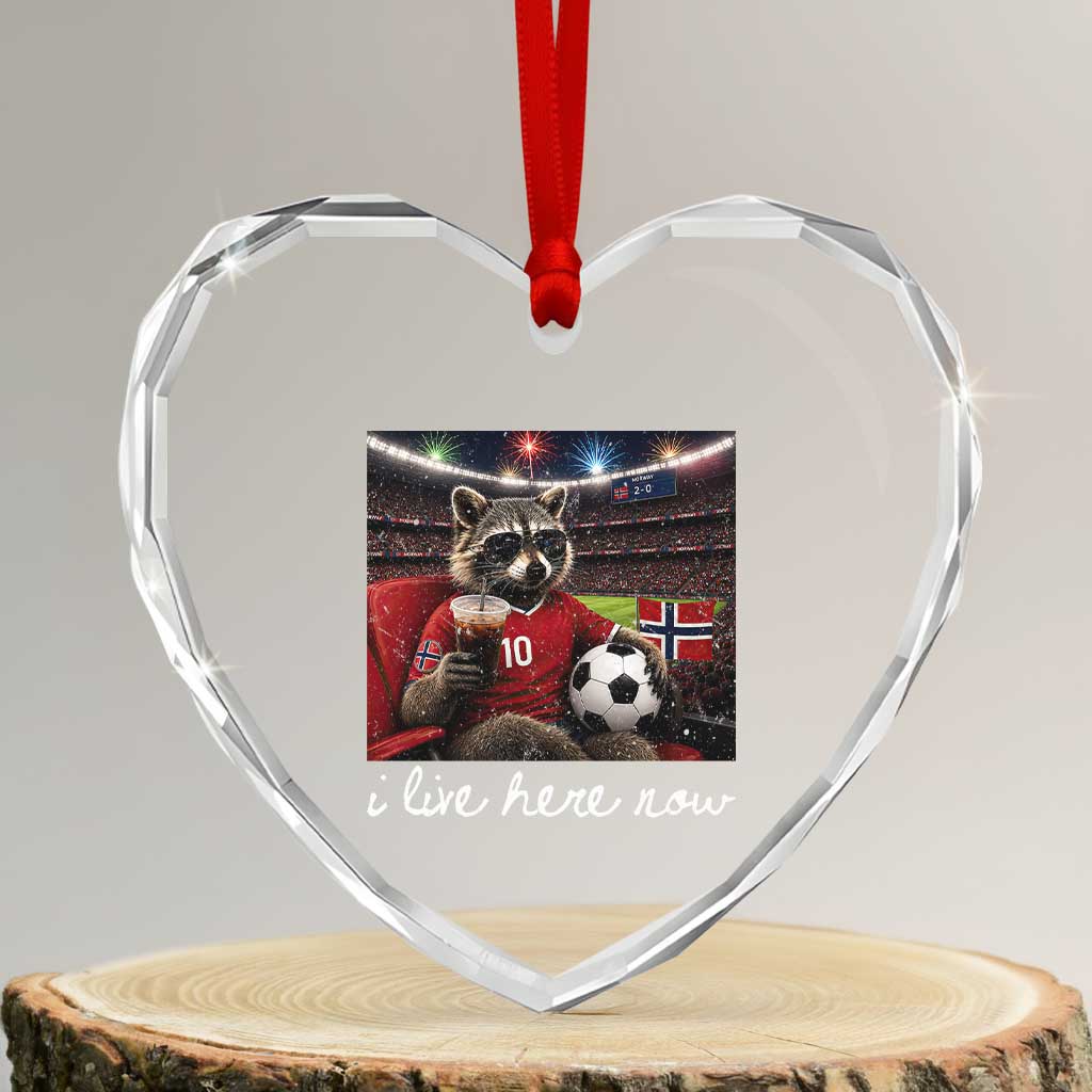 Norway Soccer Football Fan Norge Norwegian Flag Heart Crystal Glass Ornament Funny Raccoon Drinking Iced Coffee