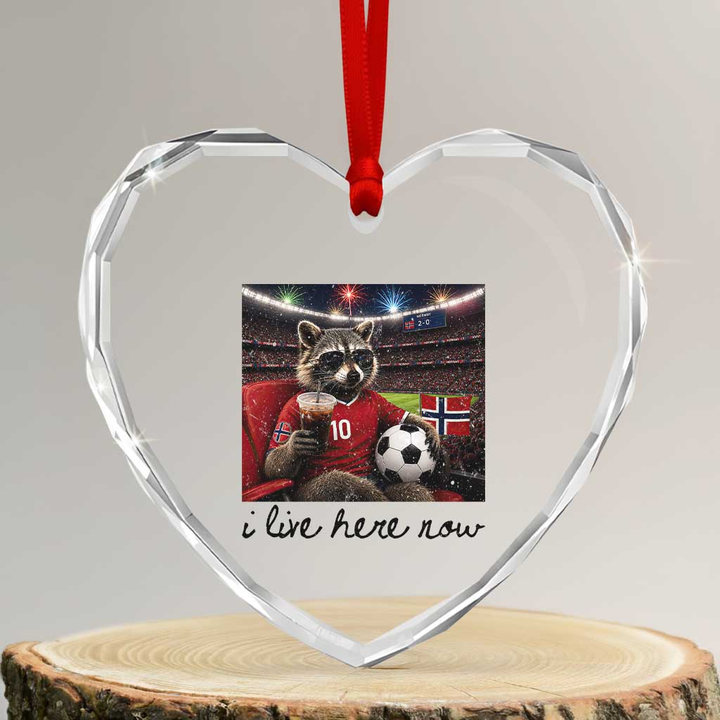 Norway Soccer Football Fan Norge Norwegian Flag Heart Crystal Glass Ornament Funny Raccoon I Live Here Now