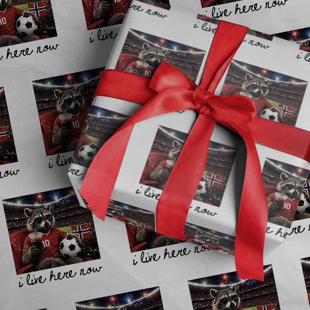 Norway Soccer Football Fan Norge Norwegian Flag Wrapping Paper Roll Funny Raccoon I Live Here Now
