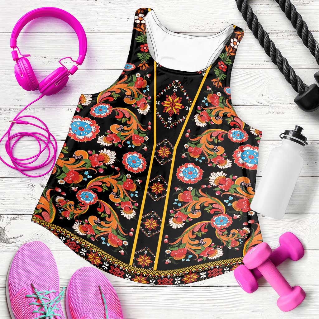 Norwegian Female Bunad Women Racerback Tank with Rosemaling Folk Art Black Color - Wonder Print Shop