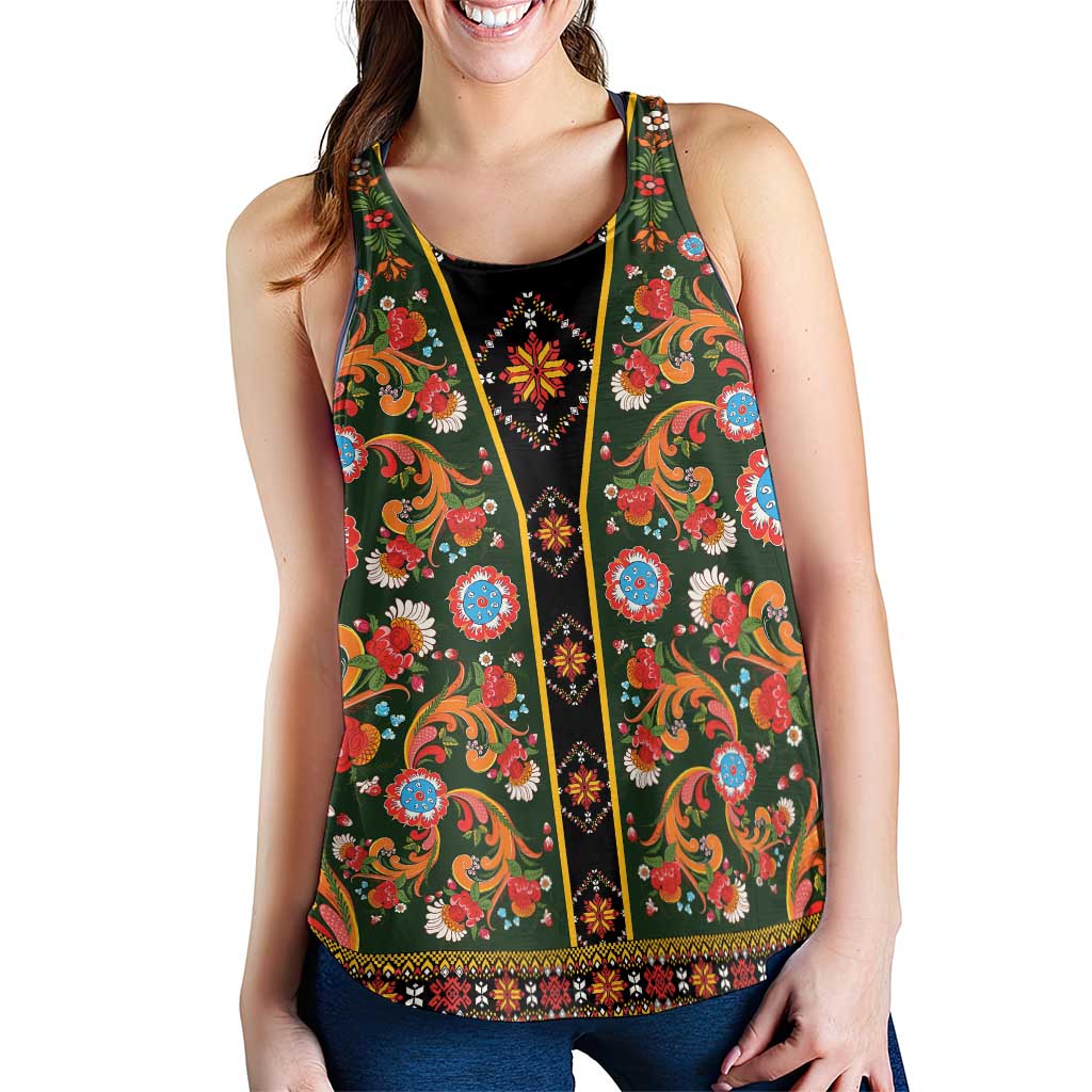 Norwegian Female Bunad Women Racerback Tank with Rosemaling Folk Art Green Color - Wonder Print Shop