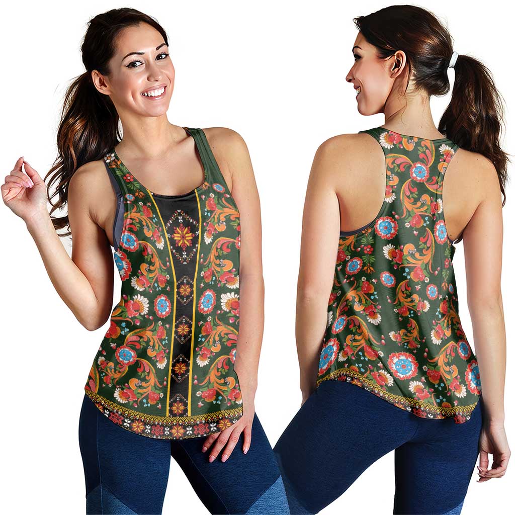 Norwegian Female Bunad Women Racerback Tank with Rosemaling Folk Art Green Color - Wonder Print Shop