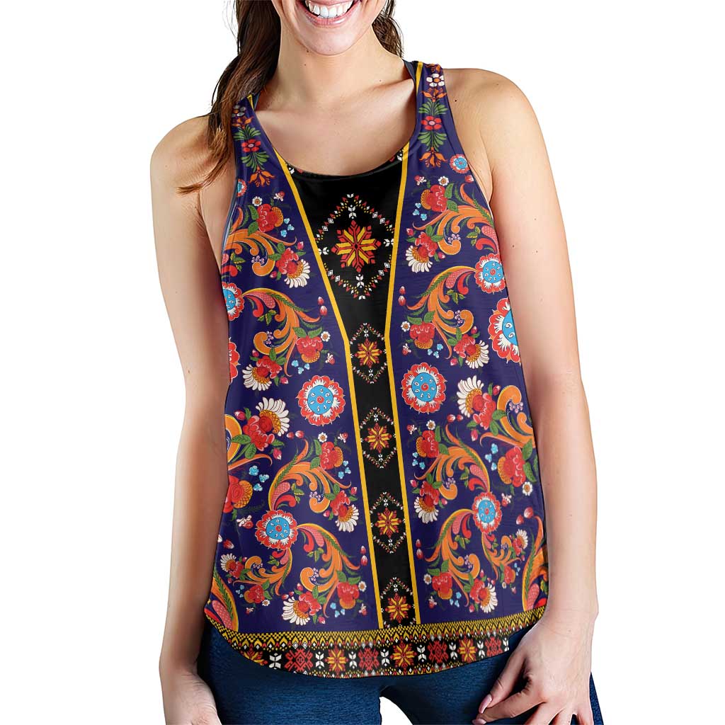 Norwegian Female Bunad Women Racerback Tank with Rosemaling Folk Art Navy Color - Wonder Print Shop