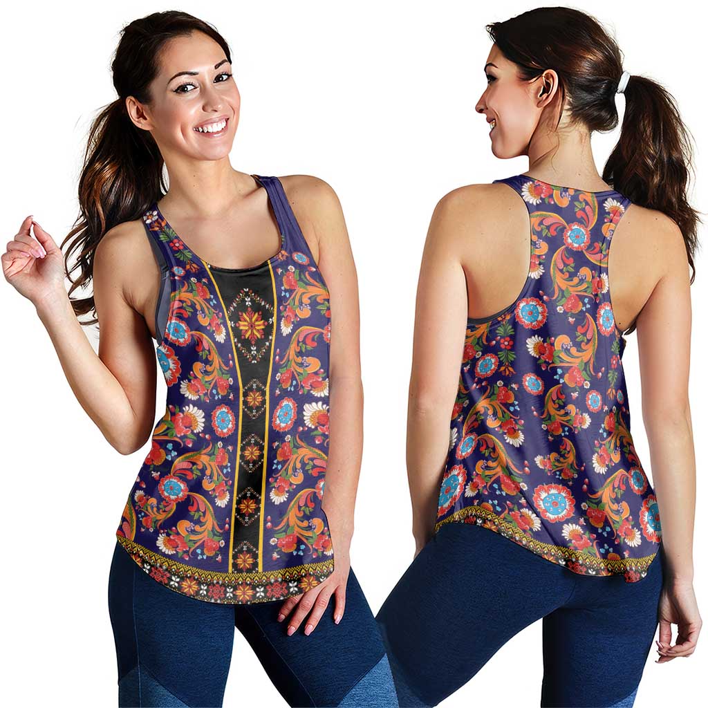 Norwegian Female Bunad Women Racerback Tank with Rosemaling Folk Art Navy Color - Wonder Print Shop