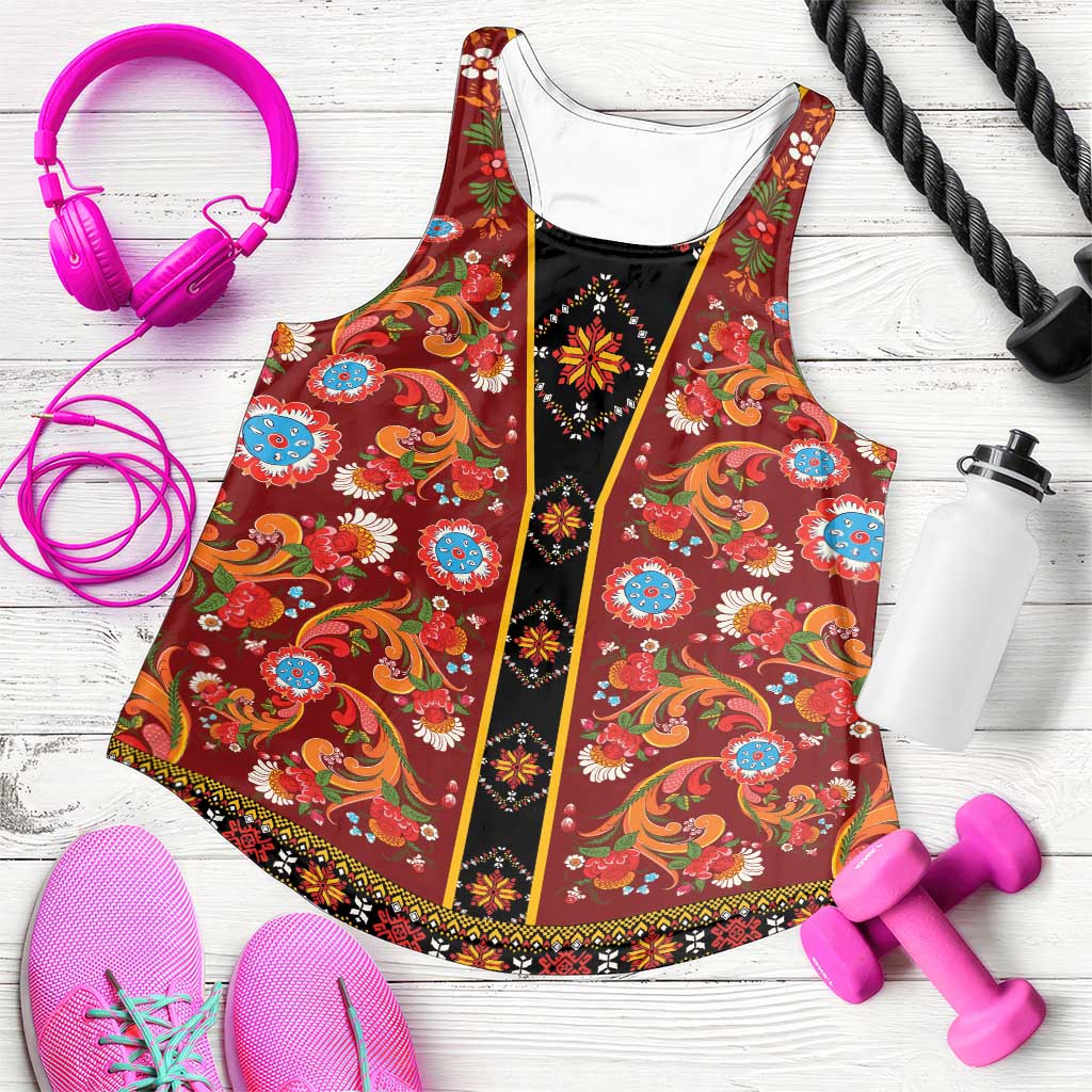 Norwegian Female Bunad Women Racerback Tank with Rosemaling Folk Art Red Color - Wonder Print Shop