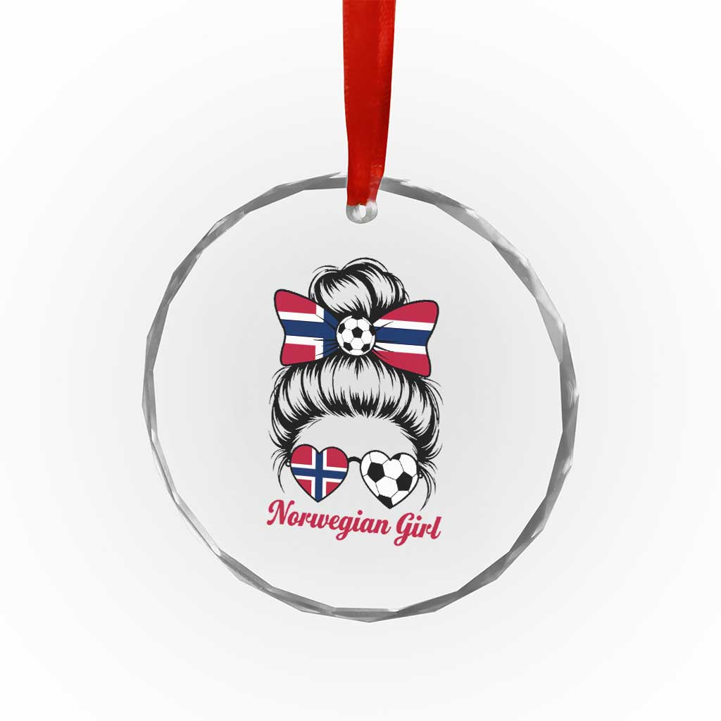 Norwegian Soccer Girl Crystal Glass Ornament Messy Bun Sunglasses Football Fan