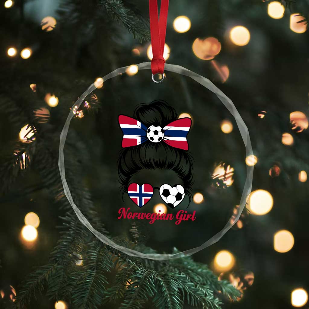 Norwegian Soccer Girl Crystal Glass Ornament Messy Bun Sunglasses Football Fan