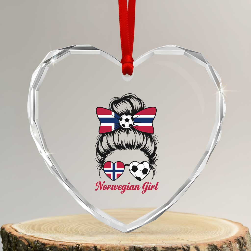 Norwegian Soccer Girl Heart Crystal Glass Ornament Messy Bun Sunglasses Football Fan
