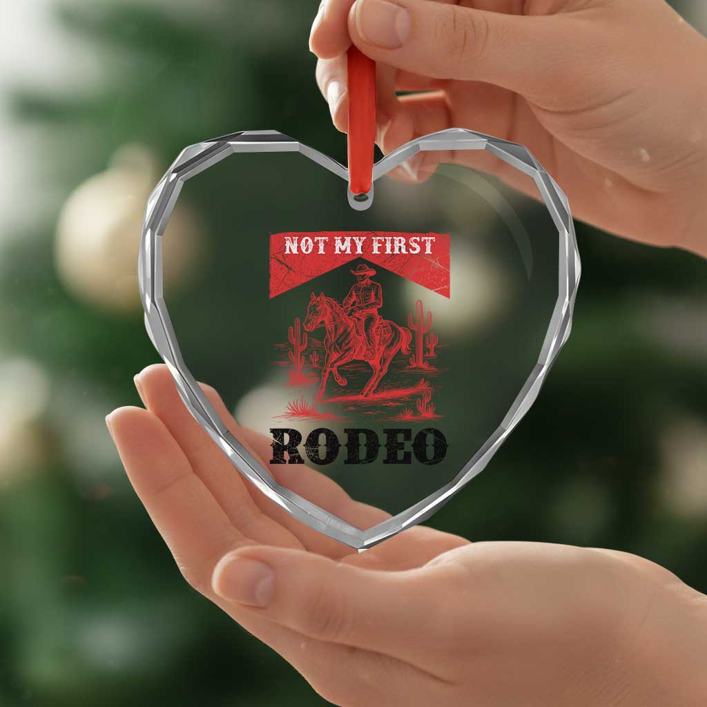 Not My First Rodeo Vintage Cowboy Graphic Heart Crystal Glass Ornament Retro Western Desert Scene with Horse and Cactus