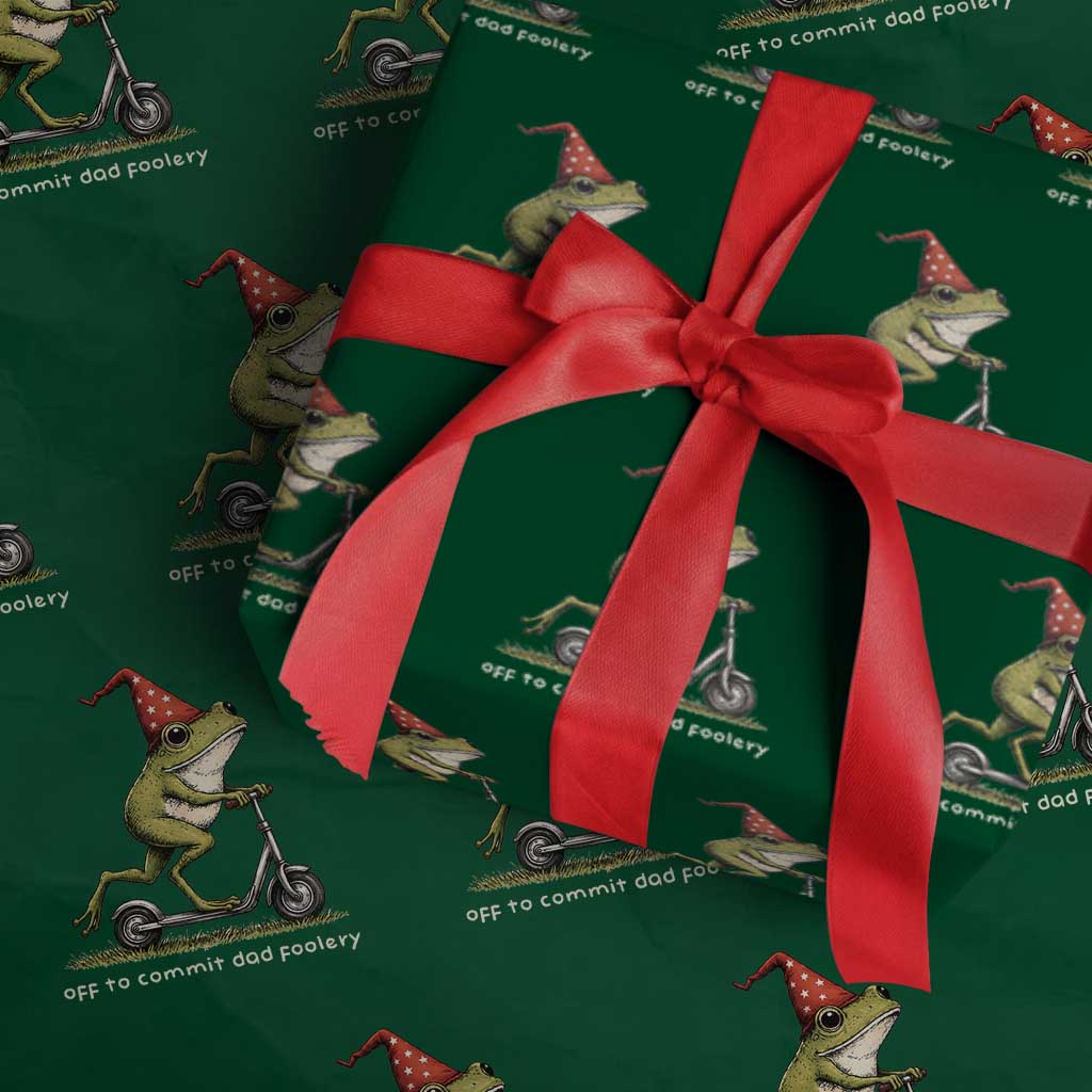 Off To Commit Dad Foolery Wrapping Paper Roll Funny Daddy Frog Scooter Fathers Day