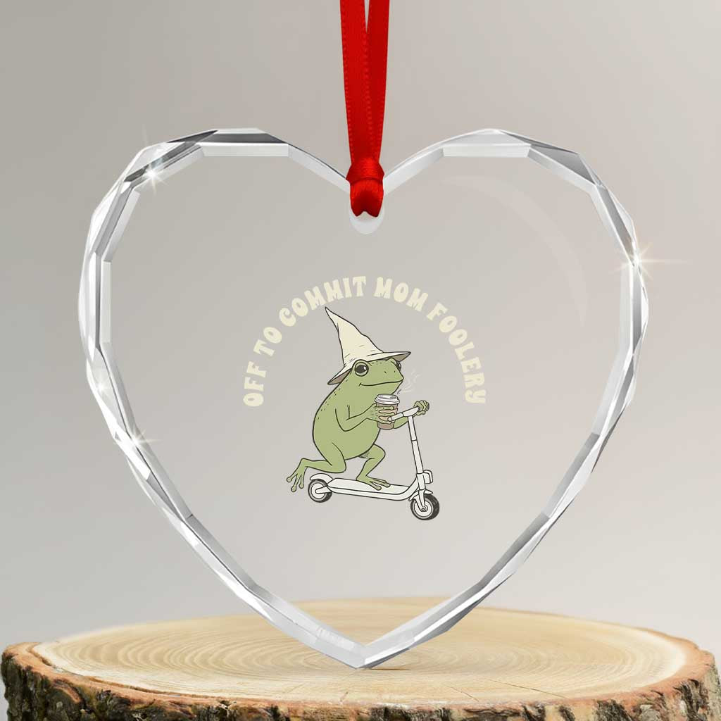 Off To Commit Mom Foolery Heart Crystal Glass Ornament Funny Mama Frog Scooter Mother's Day