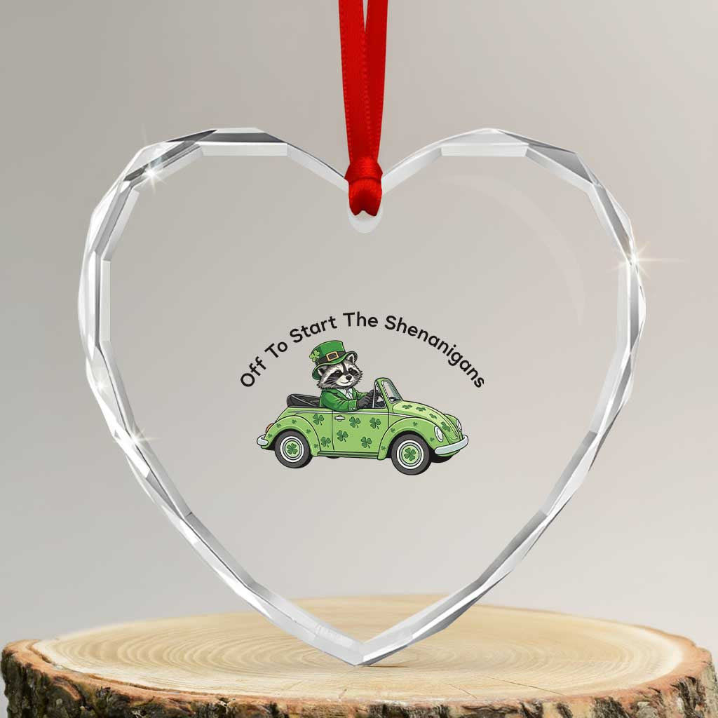 Off To Start The Shenanigans Heart Crystal Glass Ornament Funny Irish Raccoon